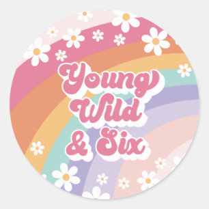 Sticker Rond Retro Rainbow Young Wild et Six 6e anniversaire