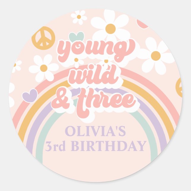 Sticker Rond Retro Rainbow Young Wild Three 3e anniversaire (Devant)