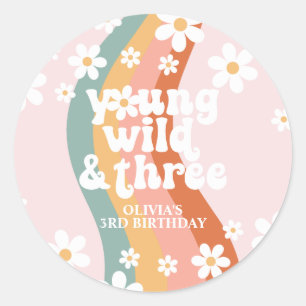 Sticker Rond Retro Rainbow Young Wild Three Daisy