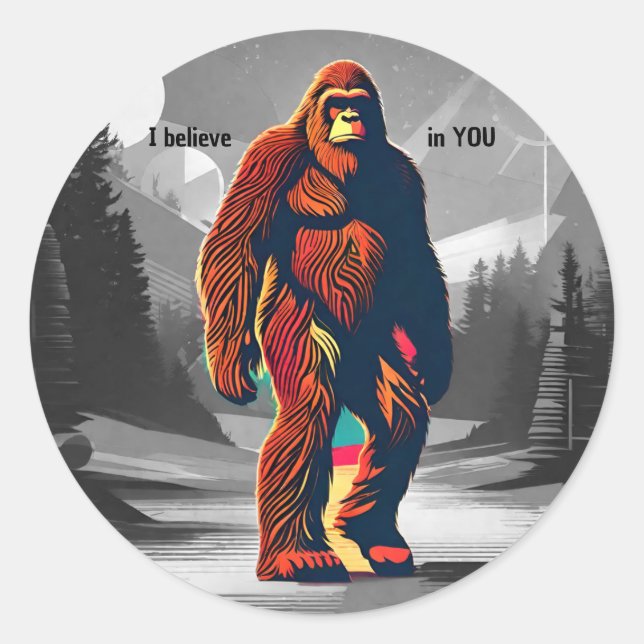 Sticker Rond Retro Sasquatch Mystérieux Futur Bigfoot (Devant)