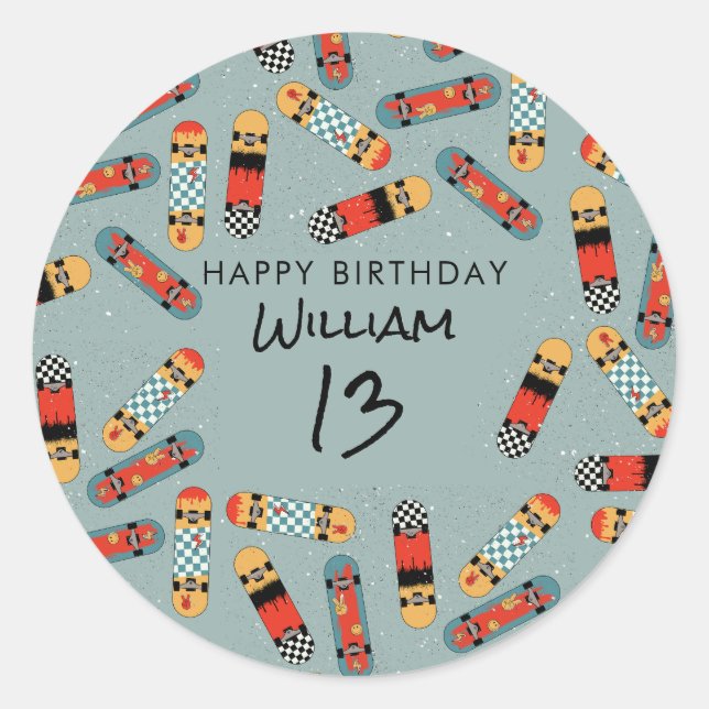 Sticker Rond Retro Skateboard Blue Cool Skateboard Anniversaire (Devant)