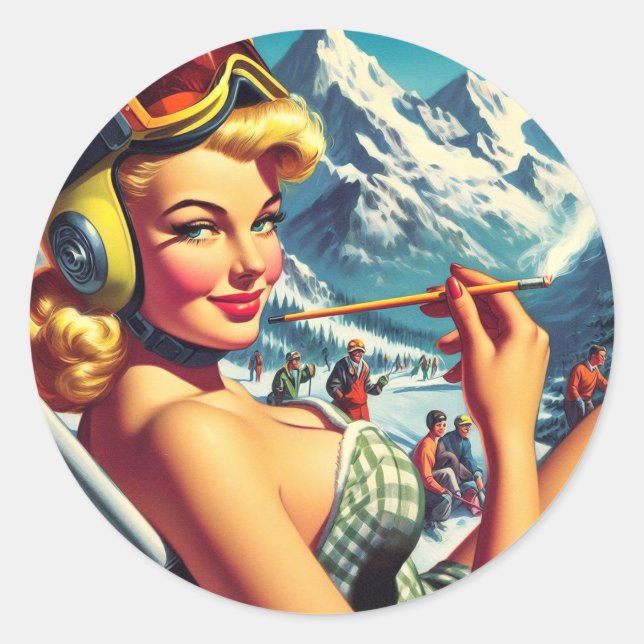 Sticker Rond Retro Snowboard Girl (Devant)