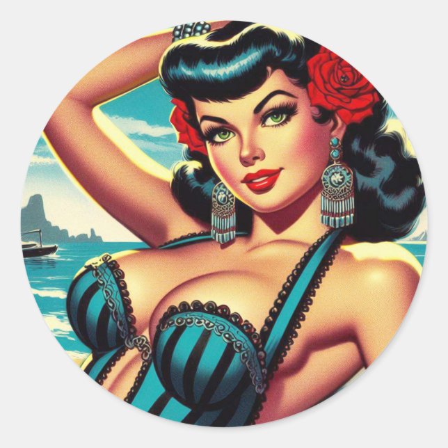 Sticker Rond Retro Summer Beach Pin-up (Devant)