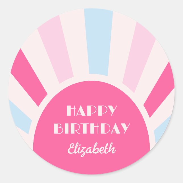 Sticker Rond Retro Sunburst Arch Typographie Anniversaire rose (Devant)
