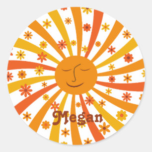 Sticker Rond Retro Sunshine Sunburst avec fleurs nom personnali