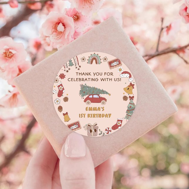 Sticker Rond Retro Super Camion Noël fête d'anniversaire (Créateur téléchargé)