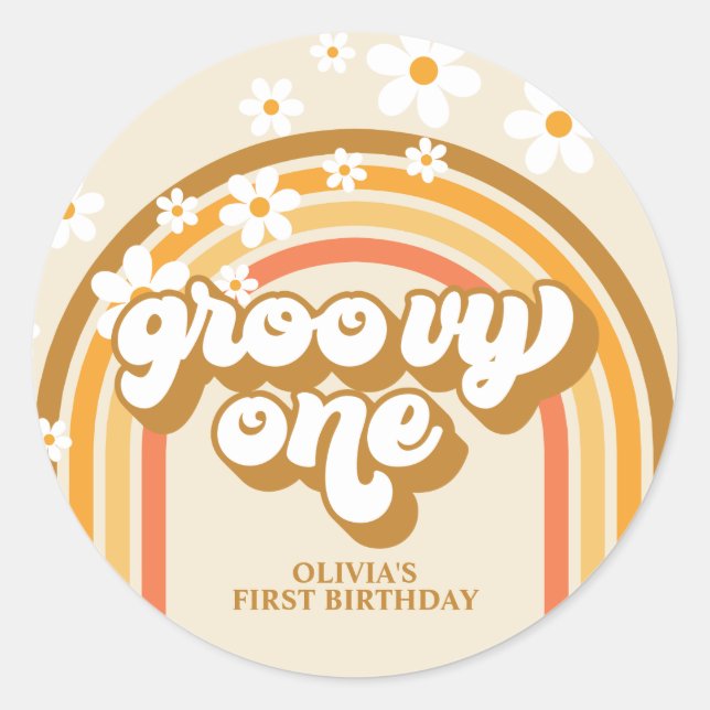 Sticker Rond Retro Super One Rainbow Brown Orange Anniversaire (Devant)