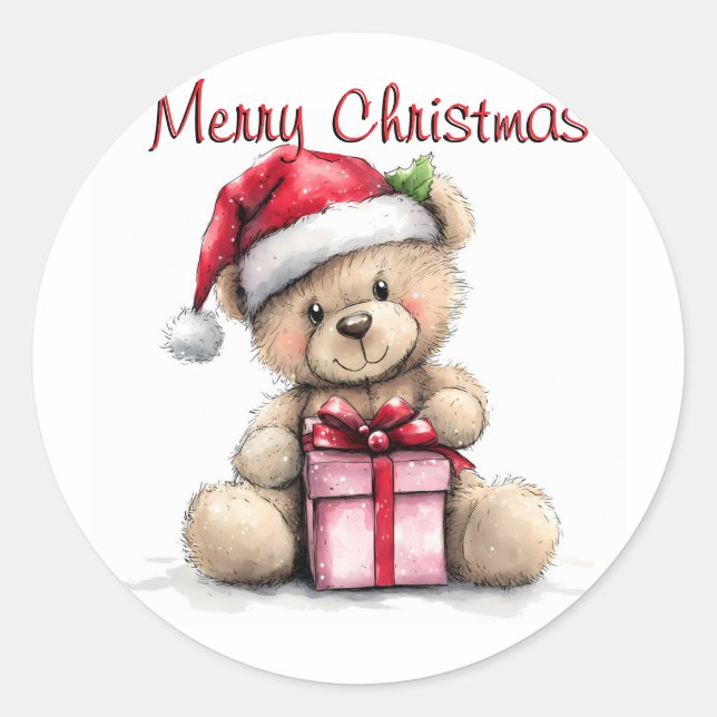 Sticker Rond Retro Teddy Bière Joyeux Noël Classique Rond (Devant)