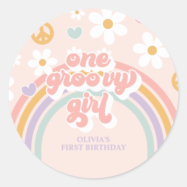 Sticker Rond Retro Une Super fille Arc-en-ciel 1er anniversaire (Devant)