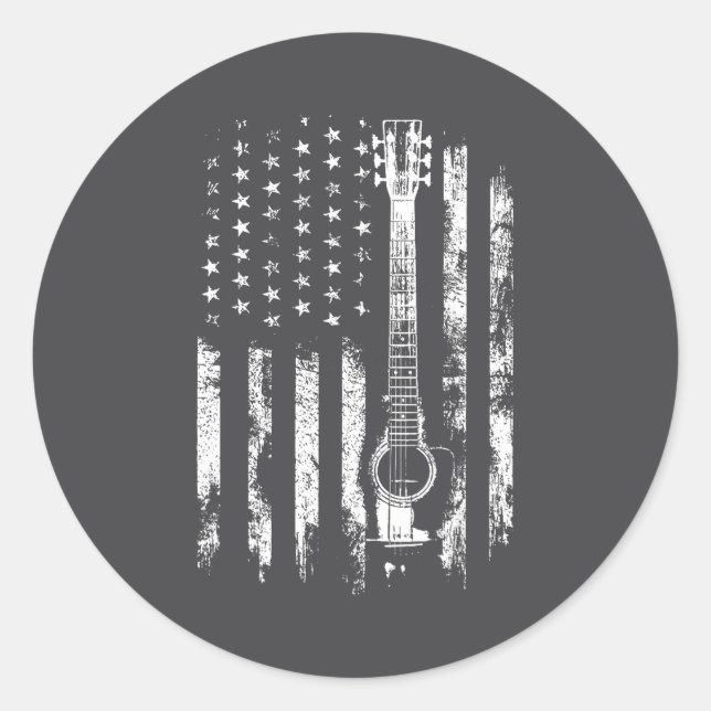 Sticker Rond Retro Us Flag Acoustic Guitar Distressed Patriotic (Devant)