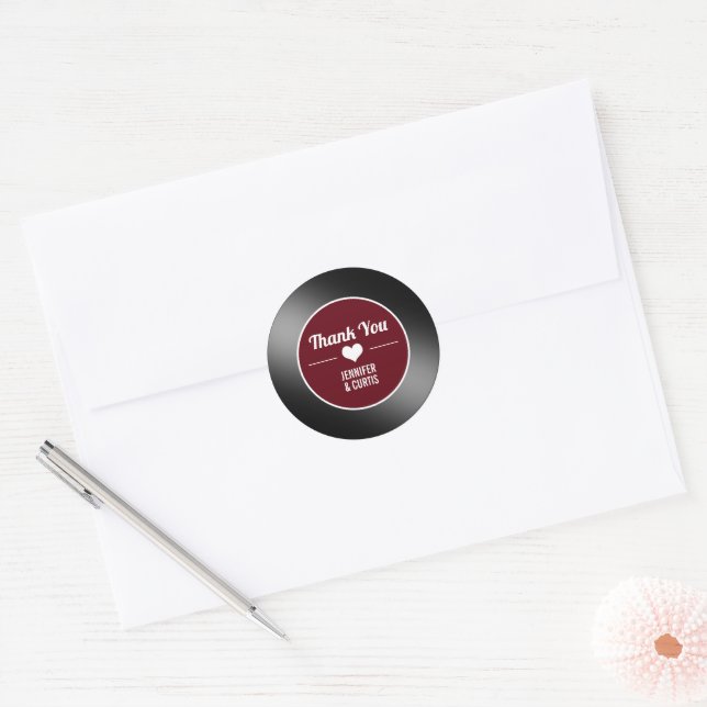 Sticker Rond Retro Vinyl Record Vin Rouge Mariage Merci (Enveloppe)