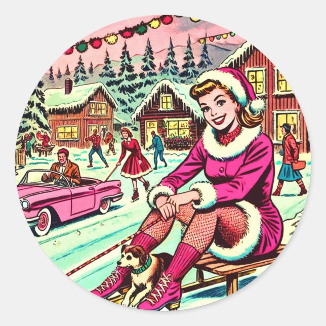 Sticker Rond Retro Winter Christmas Comics (Devant)