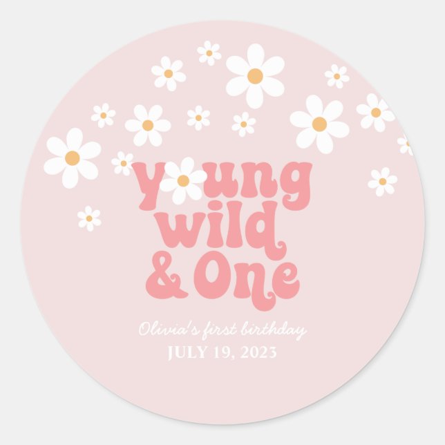 Sticker Rond Retro Young Wild One Daisy floral 1er anniversaire (Devant)
