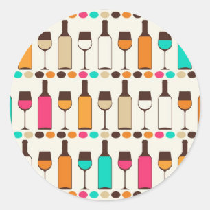 Sticker Rond Rétros bouteilles et verres de vin