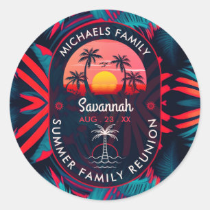 Sticker Rond Réunion en famille Summer Sunset Beach Palmier