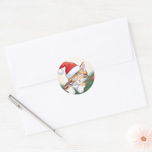Sticker Rond Rêves de Noël - Petit Chat Endormi avec Chapeau de