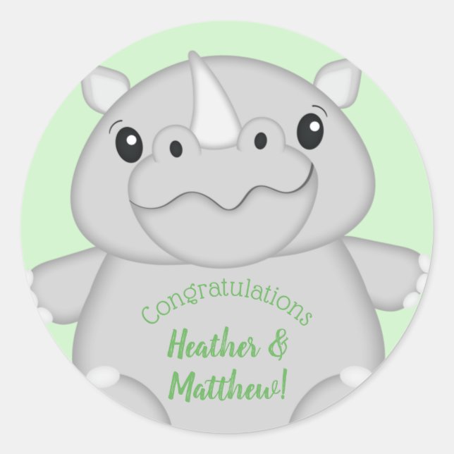 Sticker Rond Rhino Baby shower vert (Devant)