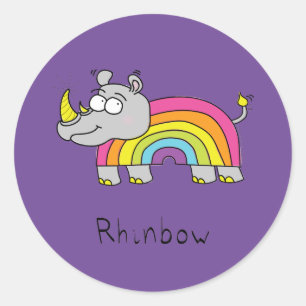 Sticker Rond Rhino Rainbow Funny Cute Kids Rhinoceros