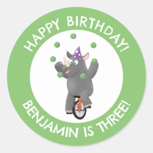 Sticker Rond Rhinocéros drôle sur monocycle anniversaire person