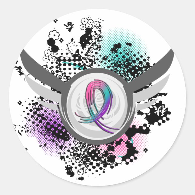 Sticker Rond Ribbon turquoise Violet Rose Et Ailes Thyroïde Can (Devant)