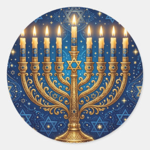 Sticker Rond Riche Hanukkah bleu et or orné de bijoux