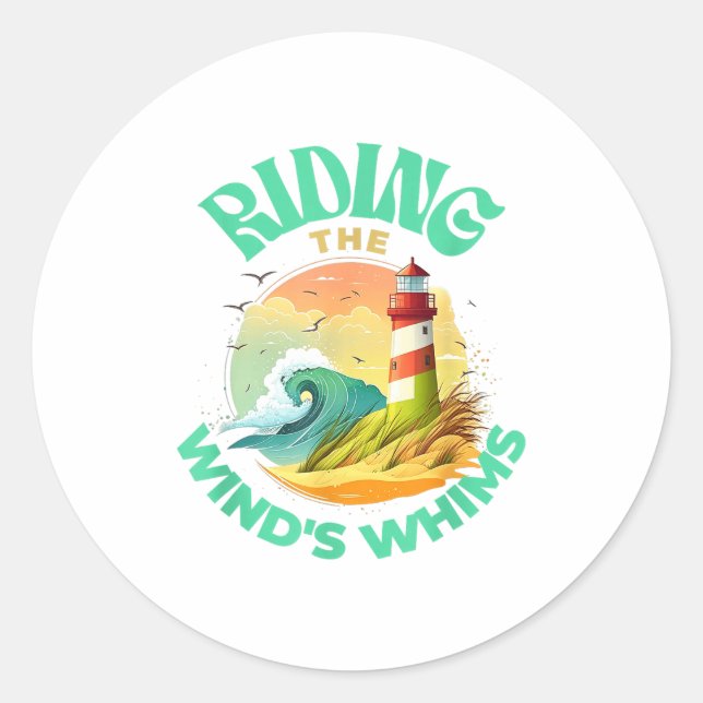 Sticker Rond Riding The Wind's Whims Ocean Humor Lighthouse Sce (Devant)