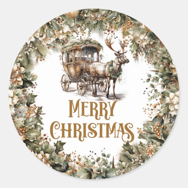 Sticker Rond Rindeer rustique et traîneau verdure et or chic (Devant)