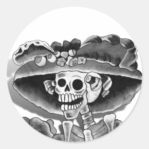Sticker Rond Rire Skeleton Woman à Bonnet