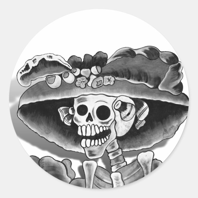 Sticker Rond Rire Skeleton Woman à Bonnet (Devant)
