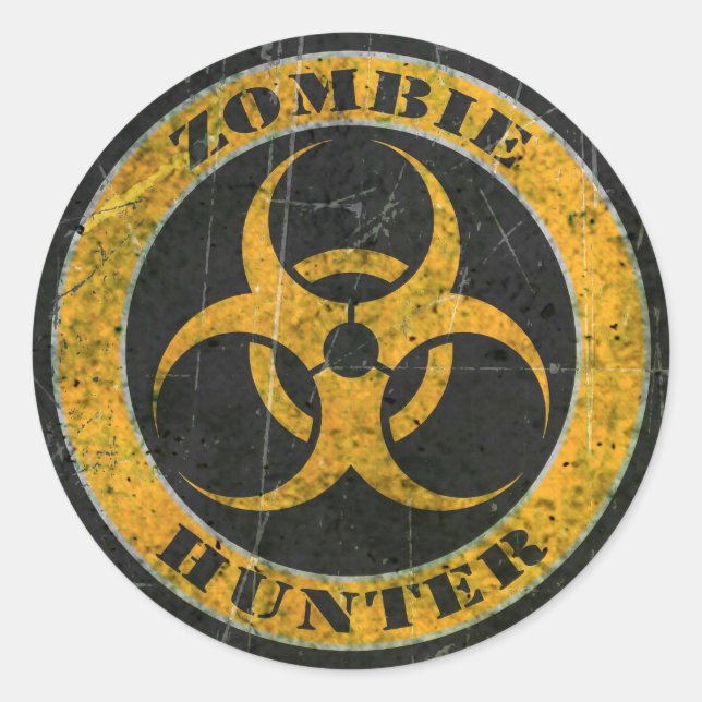 Sticker Rond Risque Jaune Bio Risque Zombie Chasseur (Devant)