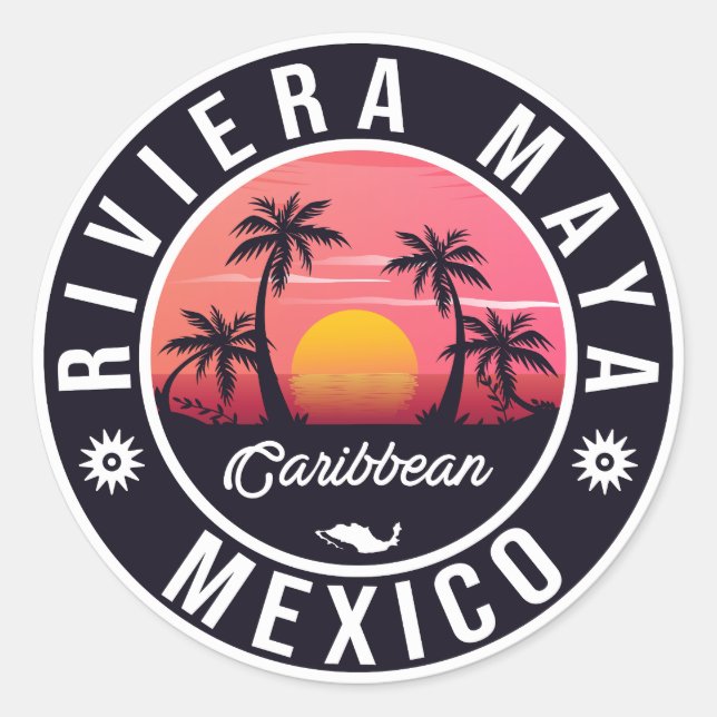 Sticker Rond Riviera Maya Beach - Mexique Sunrise Palm tree (Devant)