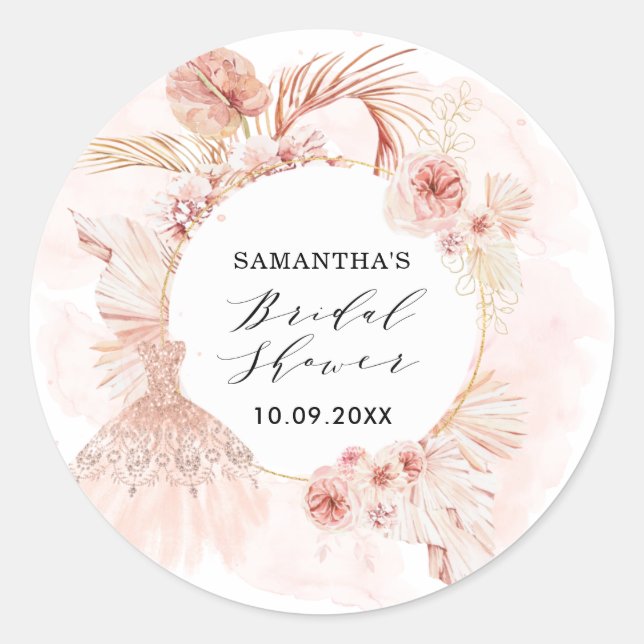 Sticker Rond Robe à paillettes Boho Blush Pampas Mariage Shower (Devant)
