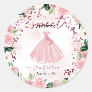 Sticker Rond Robe aquarelle florale rose gold Sweet 16