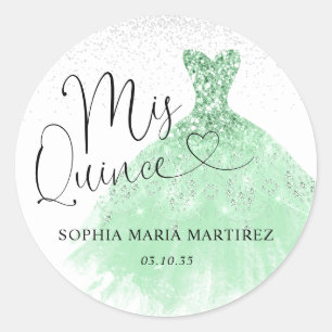 Sticker Rond Robe argent vert sauge Mis Quince Quinceañera