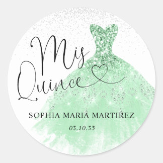 Sticker Rond Robe argent vert sauge Mis Quince Quinceañera