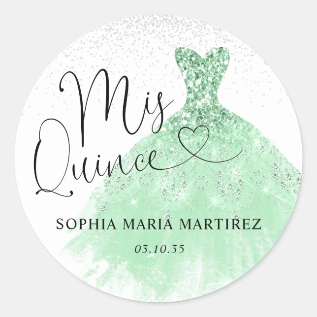 Sticker Rond Robe argentée vert sauge Mis Quince Quinceañera (Devant)