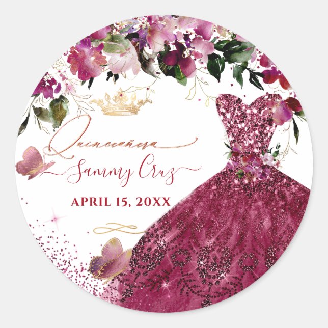 Sticker Rond Robe de Parties scintillant rouge cerise Quinceane (Devant)