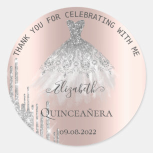 Sticker Rond Robe de Quinceañera à gouttes de paillettes argent