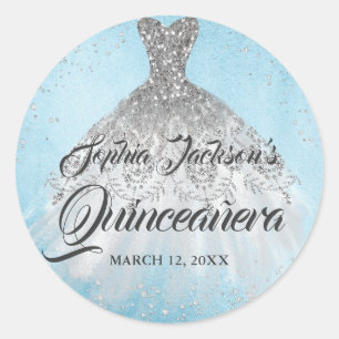Sticker Rond Robe de Quinceanera Blue Silver Diamond Sparkle