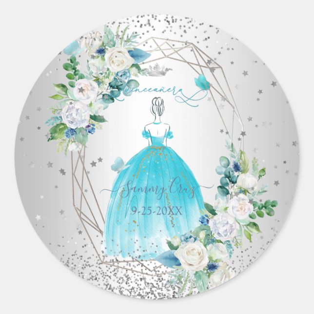 Sticker Rond Robe PixDezines Aqua Blue Quinceanera (Devant)
