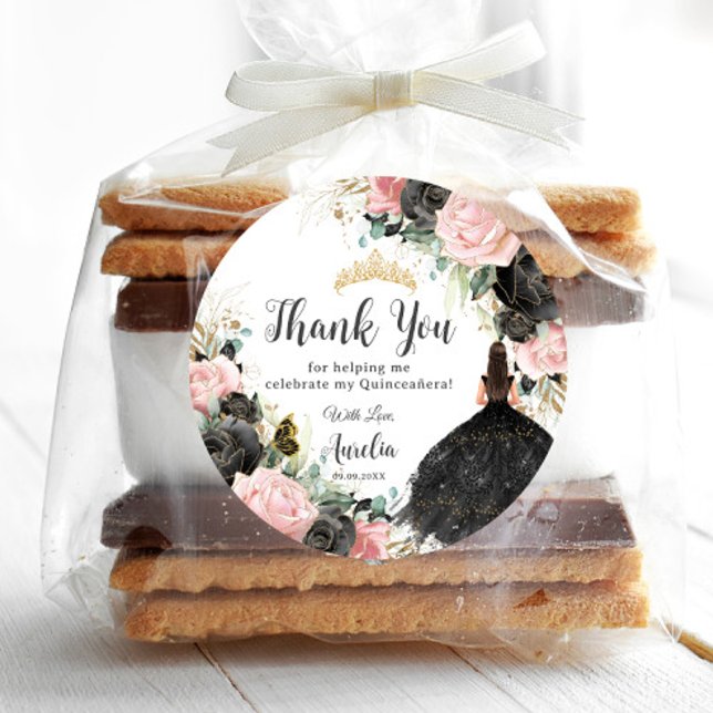 Sticker Rond Robe princesse rose noire Floral Or Quinceañera (Créateur téléchargé)