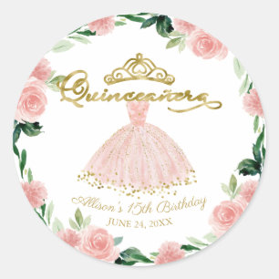 Sticker Rond Robe Quinceanera Rose Fleurs Classique Rond S