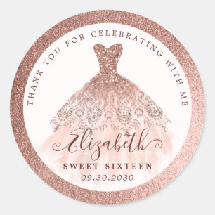 Sticker Rond Robe rose Parties scintillant or 16e anniversaire
