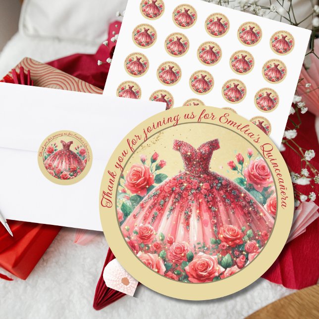 Sticker Rond Robe Rouge Quinceañera Merci Faveurs Cadeaux (Créateur téléchargé)