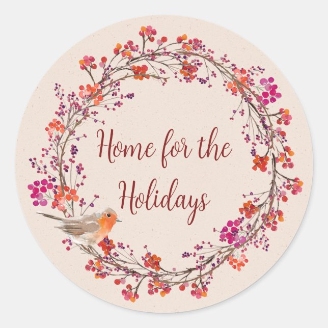 Sticker Rond Robin & Berries Wreath Personnalisé (Devant)