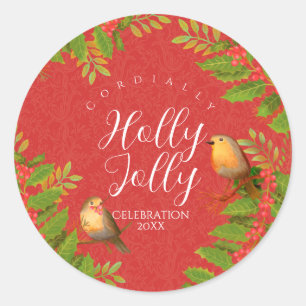 Sticker Rond Robin Birds Holly Berry Red
