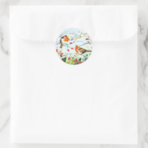 Sticker Rond Robin d'oiseaux Couple Holly d'hiver Noël