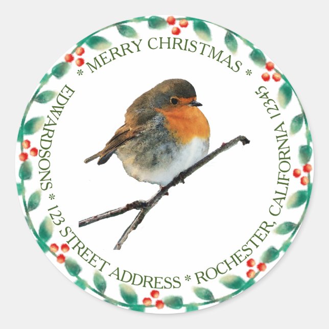 Sticker Rond Robin oiseau nom de famille Joyeux Noël (Devant)