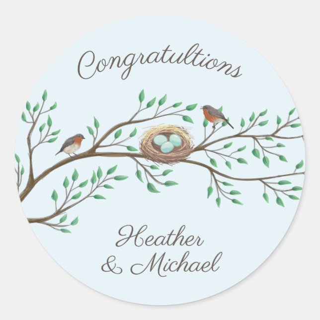 Sticker Rond Robin Oiseaux Nid Oeufs Baby shower de printemps (Devant)