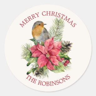 Sticker Rond Robin rouge, Poinsettia, pin, Noël sacré